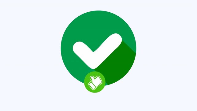 White checkmark and thumbs up in a green circle symbolize approval, success, positivity. Perfect for presentations, social media, business concepts.
