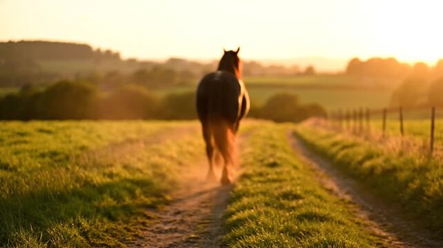 Horse walking on a path at sunset