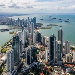 Fototapeta premium Modern Metropolis Skyline Against Azure Waters And Coastal Horizon