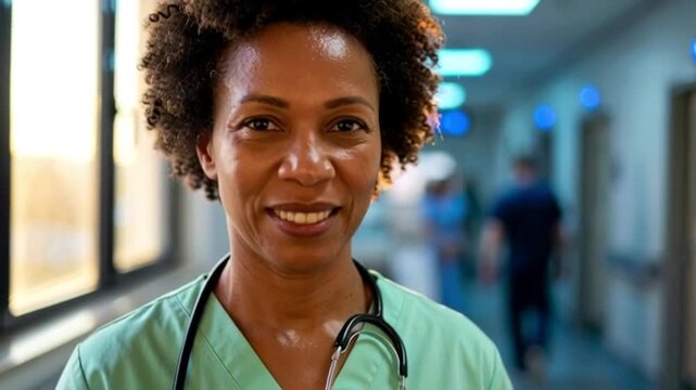 Resilient Midlife Black Nurse in Golden Hour Hospital Light &ndash; Determination and Compassion Portrait