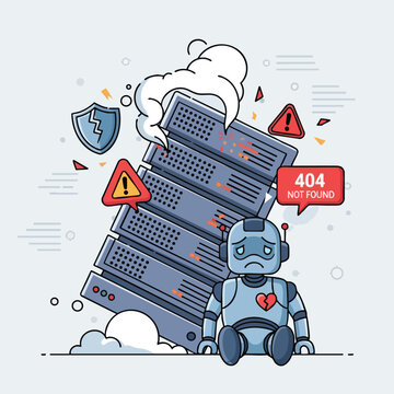 Sad robot with broken heart sits by smoking, damaged server stack showing 404