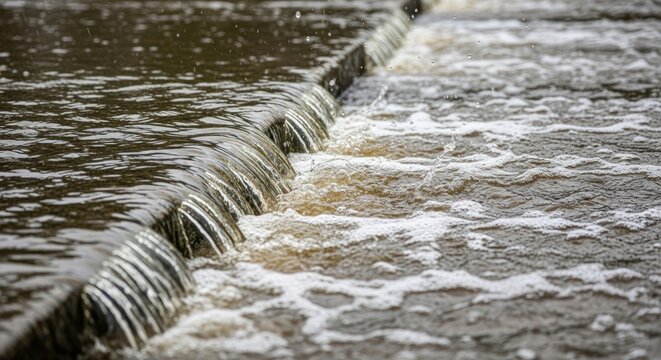 Water flowing over a small dam.
