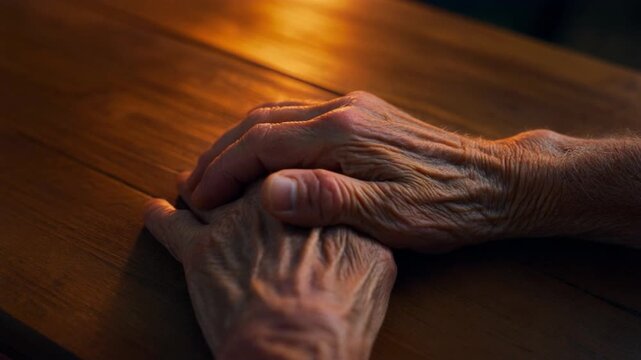 IMAX 70mm Cinematic Hero Frame of Deeply Wrinkled Senior Hands on Wooden Table