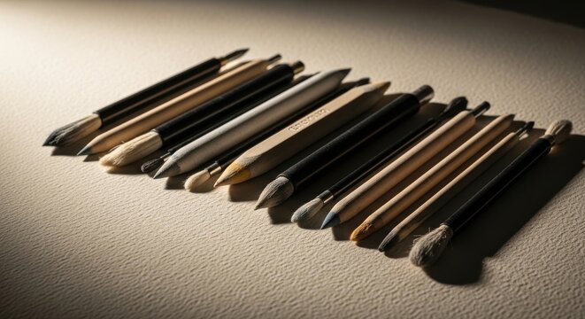 Array of Professional Drawing Pencils Stumps and Tortillons Arranged on Textured Surface for Artistic Creation