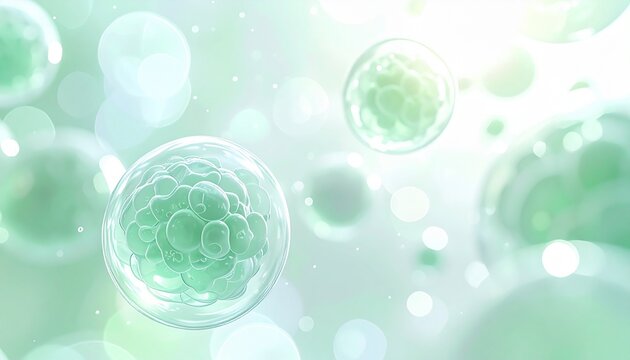 Close up of multicellular structure with translucent glowing spheres