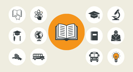 Education and Learning Icon Set with School Symbols, Book, Science, and Graduation Elements © Anung