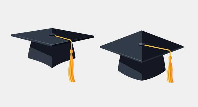 Two Black Graduation Caps with Gold Tassels Vector Illustration - Academic Mortarboards Isolated for Education, Success, and University Graduation Themes