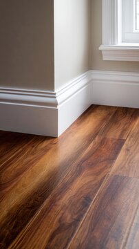 Close up of hardwood floor corner with white baseboard molding