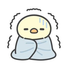 寒くて毛布にくるまって震えるひよこの手書きイラスト © Nitomaru