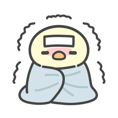 毛布にくるまって発熱に震えるひよこの手書きイラスト　風邪・インフルエンザ © Nitomaru