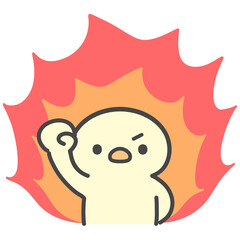 炎を背負ってやる気に燃えるひよこの手書きイラスト　前向きで挑戦やモチベーションを表すイメージ © Nitomaru