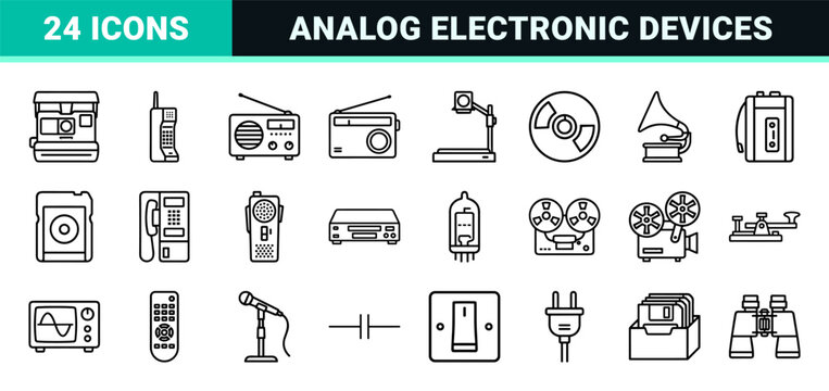 Minimalist Retro Technology Geometric Line Art for Vintage Electronics UI Design and Analog Media Hardware Interfaces.