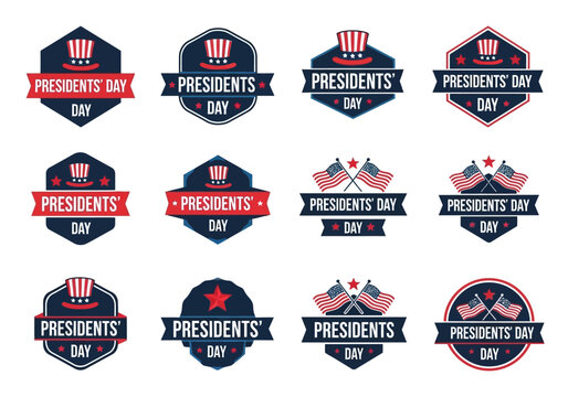 Set of 12 Presidents' Day Badges and Labels with American Flag and Uncle Sam Hat - Patriotic USA Holiday Vector Icons Collection for Marketing and Sales