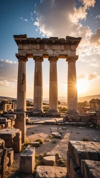 Ancient Greek Temple Ruins at Sunset.