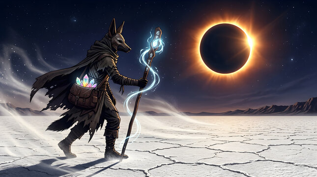 Jackal-headed Shaman with Glowing Staff and Crystals Walking Across a Cracked Desert Under a Total Solar Eclipse, Fantasy Character Concept Art for Star Wars Day Celebration