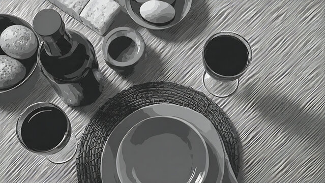 Minimalist natural daylight Passover scene with wine, matzah, and traditional plate set on wooden table, lifestyle dining viewpoint