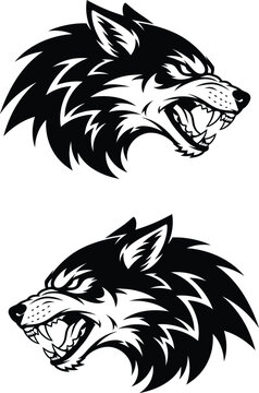 Two snarling wolf heads in black and white illustration