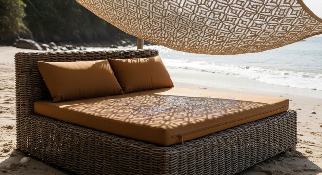 Wicker beach lounger with cushions and canopy offers seaside relaxation, perfect for vacation comfort.
