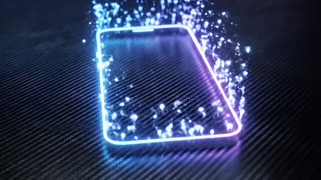 A slender glowing purple rectangular frame resting on a dark textured carbon-fiber surface with a single illuminated corner