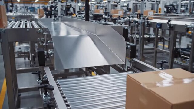Slow-Motion Conveyor Transition of Parcel via Automated Slide with Metallic Shine and Mechanical Realism