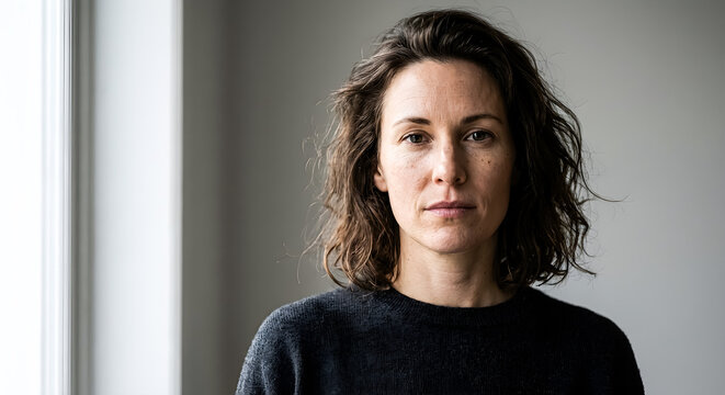 Portrait of Woman with Wavy Hair Looking at Camera