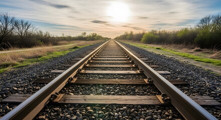 Obraz premium A serene landscape of train tracks stretching into the distance at sunset, surrounded by trees and grassy areas with a clear blue sky.