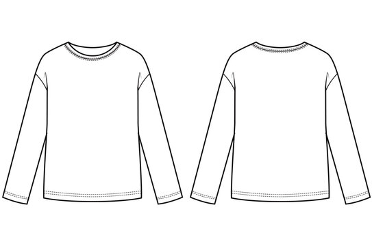 Mens drop shoulder long sleeve t-shirt technical flat fashion sketch vector template illustration front and back view oversized loose fit casual streetwear apparel CAD drawing design mockup concept
