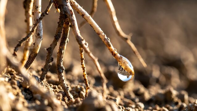 Single perfect water droplet clings to a dry root structure in sunlit dry soil macro