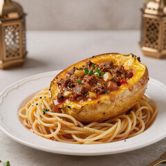 Fototapeta premium Traditional Chinese Painting Eid Rich. Stunning Photographic Image Of Vegan Bolognese-Topped Spaghetti Squash In 8K During Eid Ul Adha