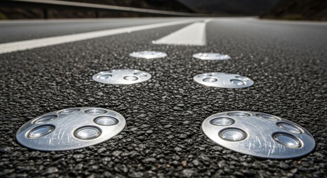 Raised Road Studs Reflecting Light Guiding Drivers On A Dark Highway