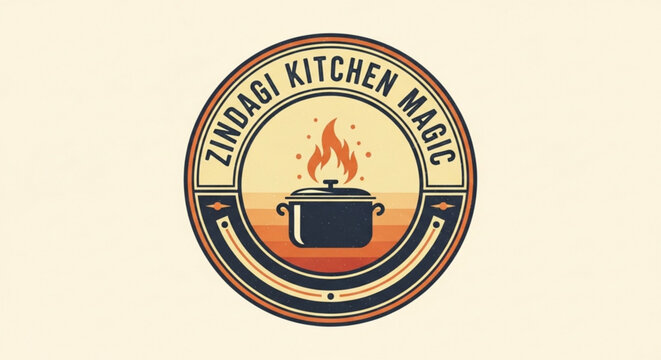 Zindagi kitchen magic logo with pot and flame design element