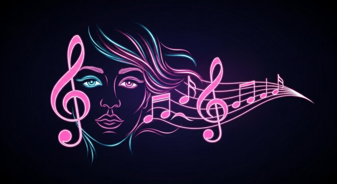 Woman's face with flowing hair and musical notes in neon pink and blue on black background symbolizing music and art
