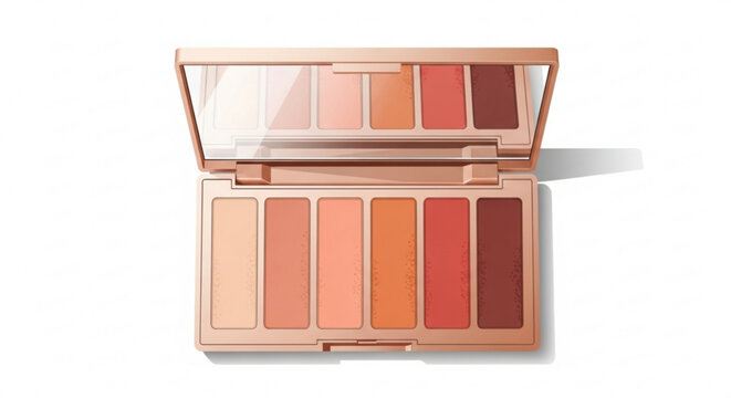 Open rose gold makeup palette with various eyeshadow shades on white background