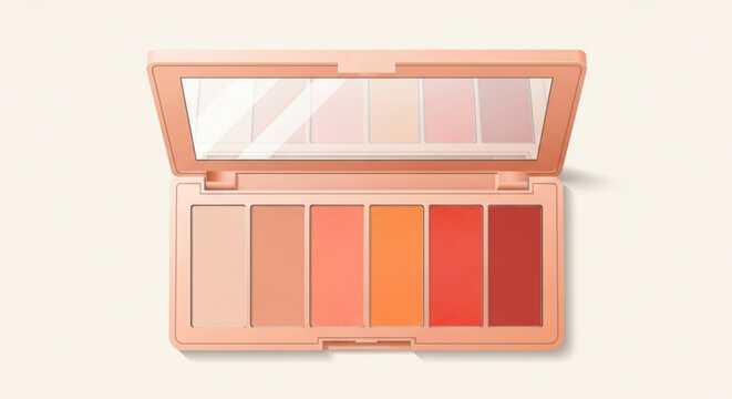Open peach colored makeup palette with assorted blush shades on beige background