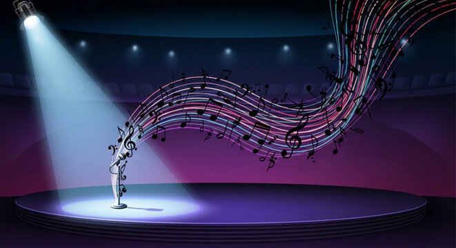 Musician performs on stage with colorful musical notes swirling around spotlight shining down creating a vibrant atmosphere
