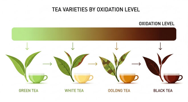 Tea varieties by oxidation level infographic with green white oolong and black tea types