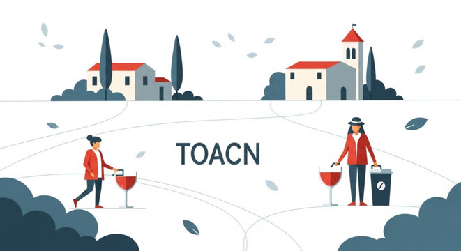 Two people in red jackets carry wine glasses in a countryside village setting with buildings and trees