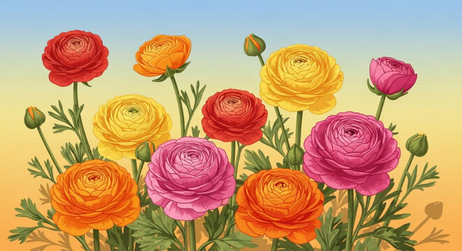 Vibrant ranunculus flowers in shades of pink orange yellow and red on green stems against a gradient sunset background