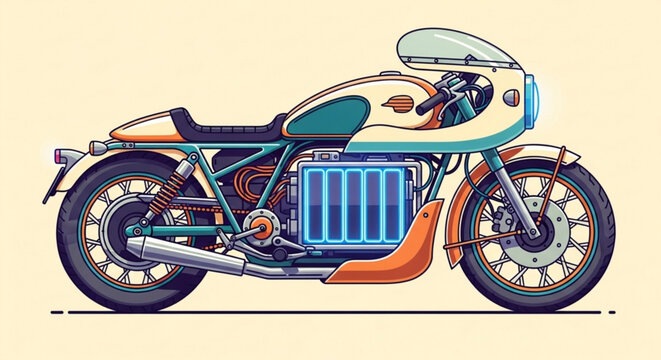 Vintage motorcycle with exposed engine and sleek design on cream background