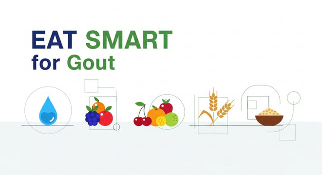 Healthy food and drink for gout management eat smart wellness concept with fruit water and grains