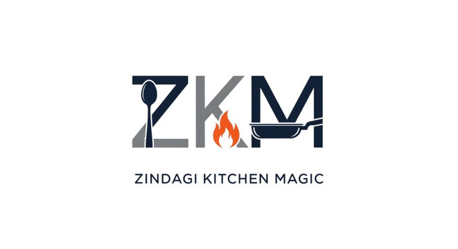 Zindagi kitchen magic logo with flame and utensils on white background