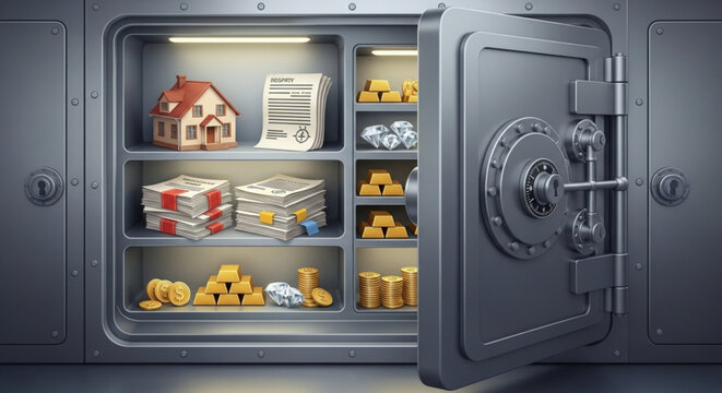 Open gray metal safe with gold coins cash and house model inside symbolizing financial security and savings