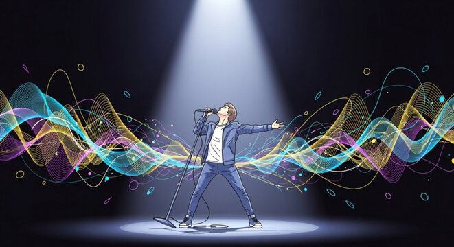 Singer performing on stage with colorful sound waves and spotlight