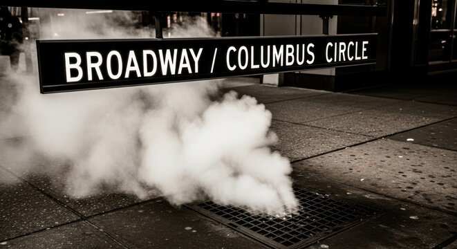 New York City Steam Billowing From Sidewalk Grate Near Broadway Columbus Circle Sign