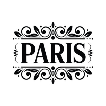 An ornate black and white design featuring the word paris in bold lettering
