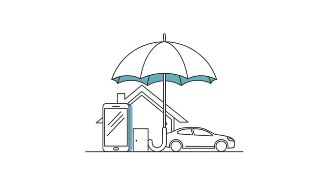 Insurance protection concept with umbrella covering house car and solar panel