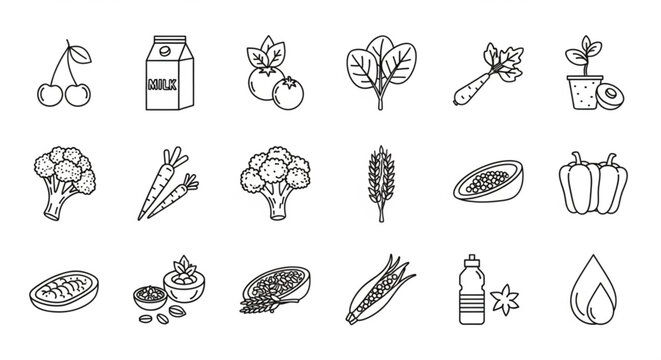 Variety of fresh fruits vegetables and healthy food icons for nutrition and wellness concepts