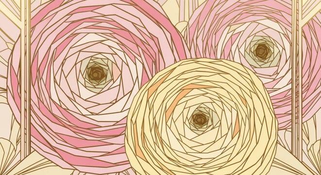 Swirling pink and yellow floral patterns in abstract art style