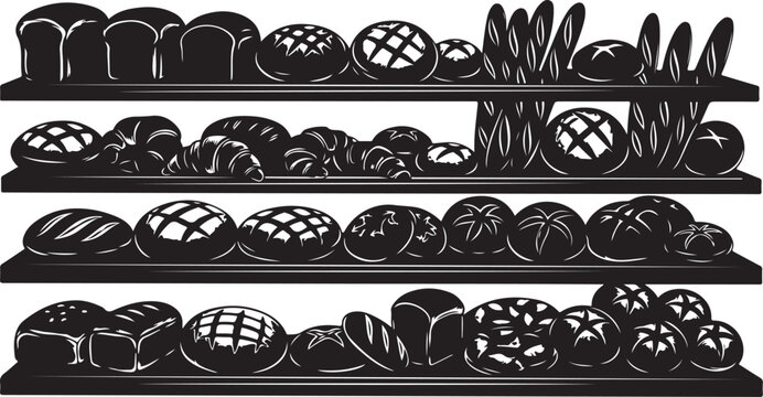 Variety of breads and pastries on shelves illustration