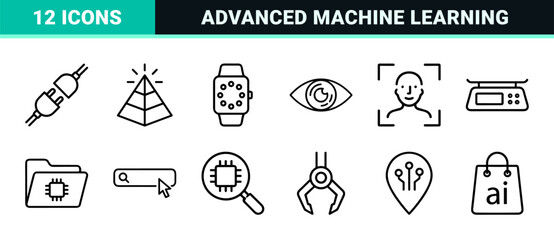 Fototapeta na wymiar Artificial Intelligence and Future Cloud Technology Monoline Icons, Minimalist Geometric Line Art for Data Science and Machine Learning
